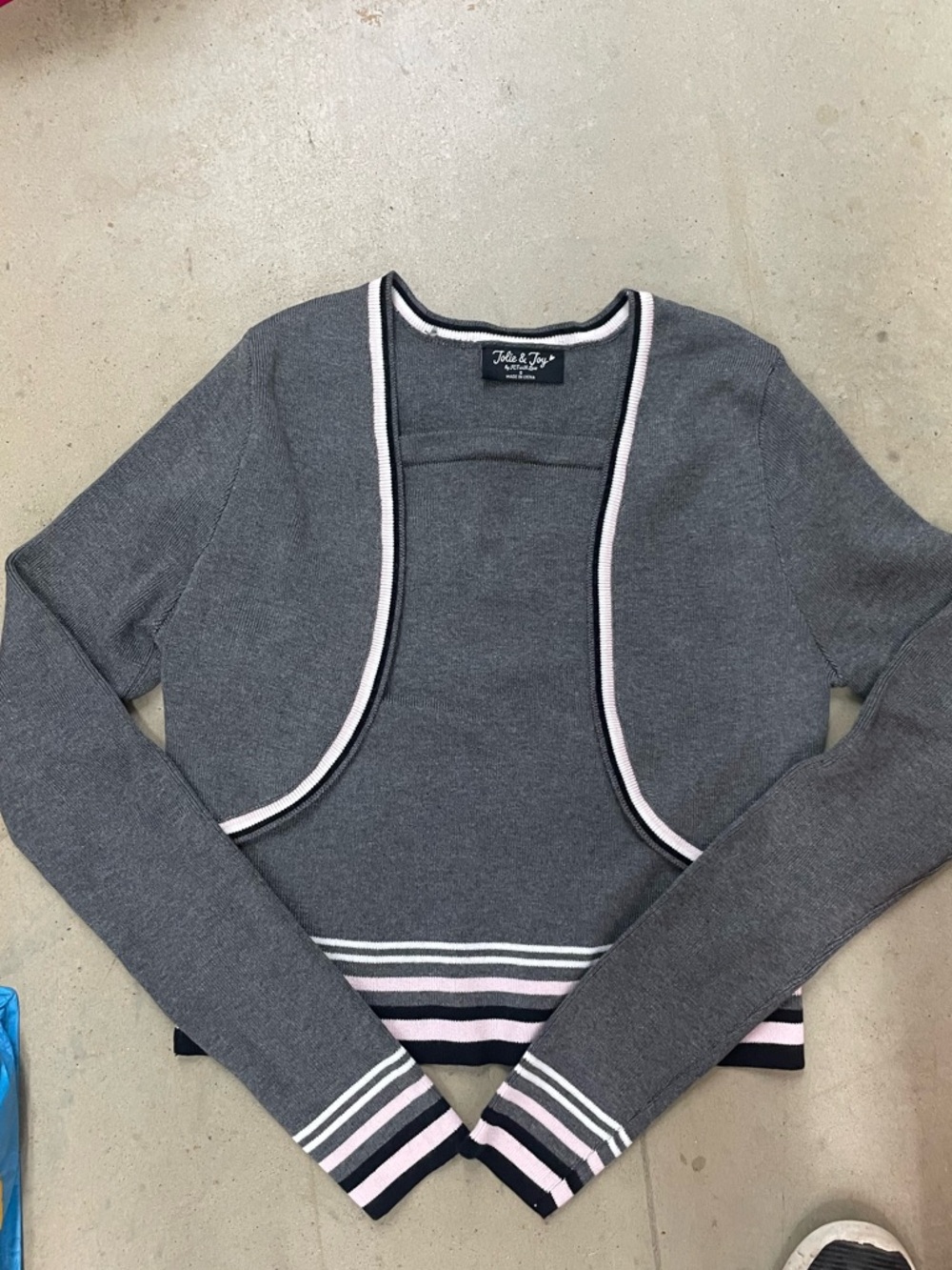 Talbots Gray Cropped Open-Front Cardigan with Pink Trim